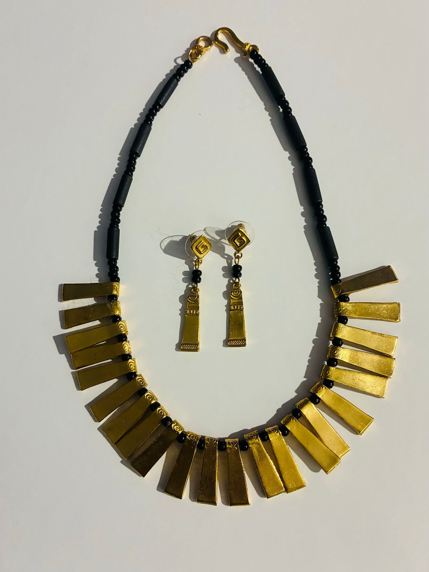 Black and Gold Tablet Statement Necklace and Earring Set