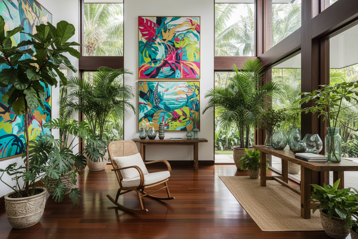 elegant tropical home with abstract art on the walls, rocking chair, green plants, hardwood floors
